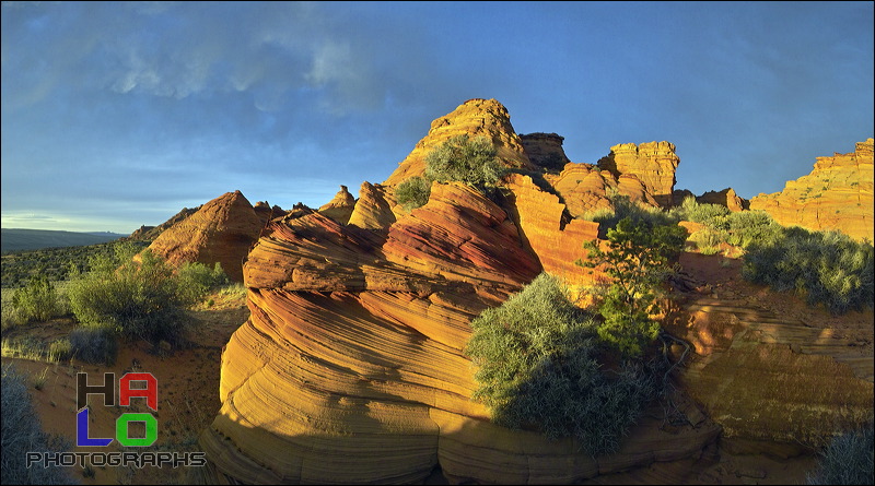 South Coyote Buttes, Paria Canyon Vermilion Cliffs Wilderness Area, The Coyote Buttes South getting the final gush of sunset light.<br>These Buttes are close to the famous 'Wave'. Acceess to this area is limited to 20 Persons a day. A hiking Permit is required. Inquire at the Ranger station., Page, Arizona, Panorama, The Wave, Coyote Buttes South, Paria Canyon, Vermilion Cliffs, Wilderness Area, Page, Kanab, petrified Sand Dunes, Wind, Erosion, 01558-01561.jpg