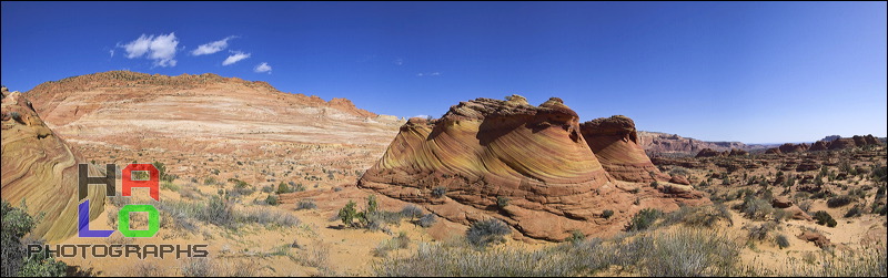The Wave at Coyote Buttes, Paria Canyon and Vermilion Cliffs Wilderness area, The Coyote Buttes were formed mainly through the power of eroding winds. Wind brought in the layers of sand of various colors, later these layers petrified and now are eroded by wind again.<br>An amazingly special place worthwile visiting. Access is limited to 20 persons a day. A hiking permit is required. Inquire at the Ranger Station., Page, Arizona, Panorama, The Wave, Coyote Buttes South, Paria Canyon, Vermilion Cliffs, Wilderness Area, Page, Kanab, petrified Sand Dunes, Wind, Erosion, 02190-02197.jpg