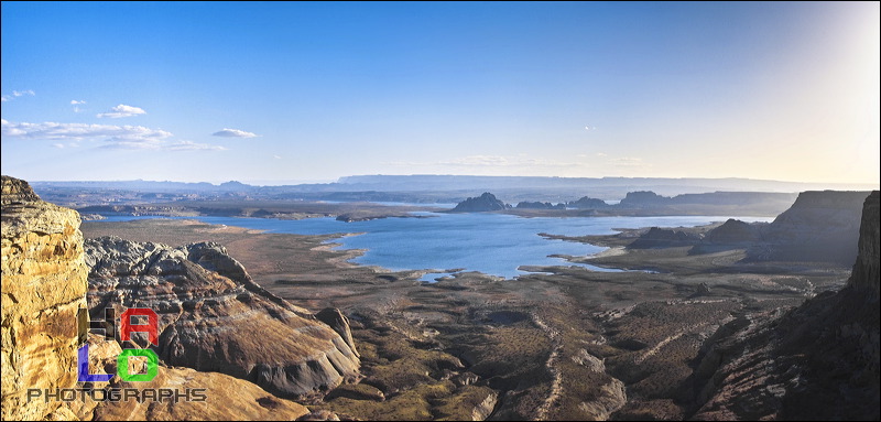 Castle Rock, Sunset at Lake Powell, The backside of Lake Powell near Page, Az. The rugged Smoky Mountain Road NPS 264 takes one to this magnificent view of Castle Rock, during Sunset at Lake Powell.<br>Lake Powell is the largest man-made lake on this planet., Big Water, Utah, Panorama, Lake Powell, Page, Ramona Mesa, Big Water, Castle Rock, Sunset, Colorado Plateau, The Grand Staircase, 02674-02679.jpg