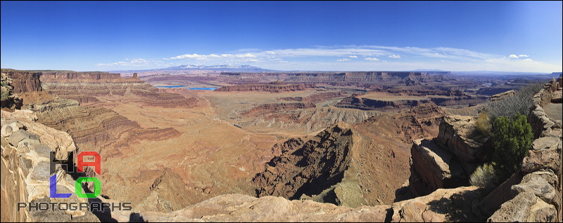 Overlook from Dead Horse Point, Island in the Sky, The deep blue lakes in far distance are not for pleasure but for Potash extraction in this highly fragile environment.<br>, Moab, Utah, Panorama, Dead Horse Point, Overlook, Desert, Colorado Plateau, The Grand Staircase, Potash, 22554-22572.jpg