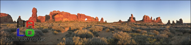 Garden of Eden and La Sal Mountains, Arches National Park, Balanced Rock and the Windows at Garden of Eden are getting a gush of evening sunset light.<br>, Moab, Utah, Panorama, Garden of Eden, Window Arch, Double Arch, La Sal Mountains, Balanced Rock, Colorado Plateau, The Grand Staircase, 23663-23673.jpg