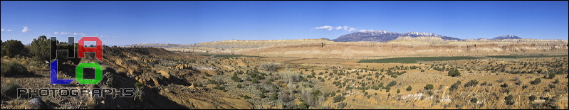 Cliffs along Notom-Bullfrog Road #1670, View from Notom-Bullfrog Road #1670 over Sandy Ranch. In the Background the Henry Mountains.<br>, Notom, Utah, Panorama, Cliffs, Sandy Ranch, Ranch, Notom-Bullfrog Road #1670, Henry Mountains, Colorado Plateau, The Grand Staircase, 25181-25189.jpg