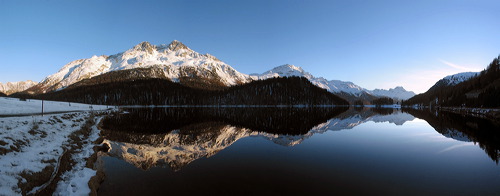 Winter Sunset, Seeufer, Champfer, Grisons, Switzerland, Lej Champfèr, Muottas da Schlarigna, Piz da Staz, Il Corn, Piz Rosatsch, Piz San Gian, Piz Surlej, Munt Arlas, Fuorcla Surlej, Piz Corvatsch, Piz Murtèl