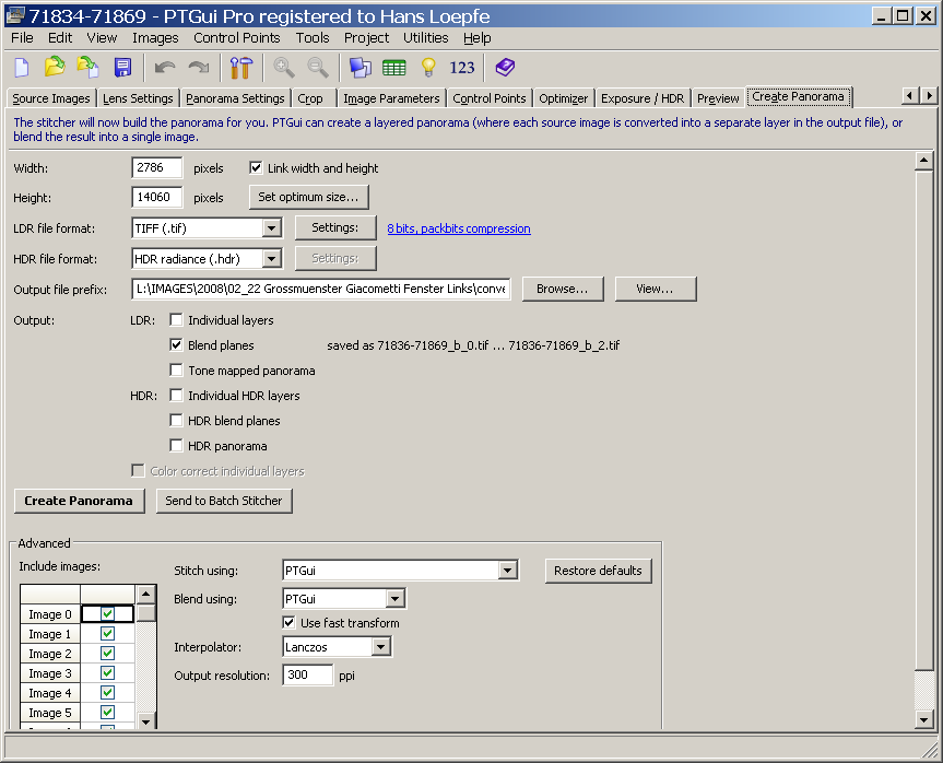 Screenshot of PTGUI Pro 'create Panorama'