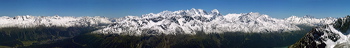 Panorama of Piz Nair, St. Moritz, SWITZERLAND, A telescopic view of the Bernina - the Banquet Hall of the Alps, Over a time span of ten years the Engadin gets snow at least once in every month. This time it was mid July when a north-western cold front pushed aside a low laying moisture-ladden layer of air. The result unveiled freshly powdered marvelous mountain tops with snow and lavish greens in the valleys.,  